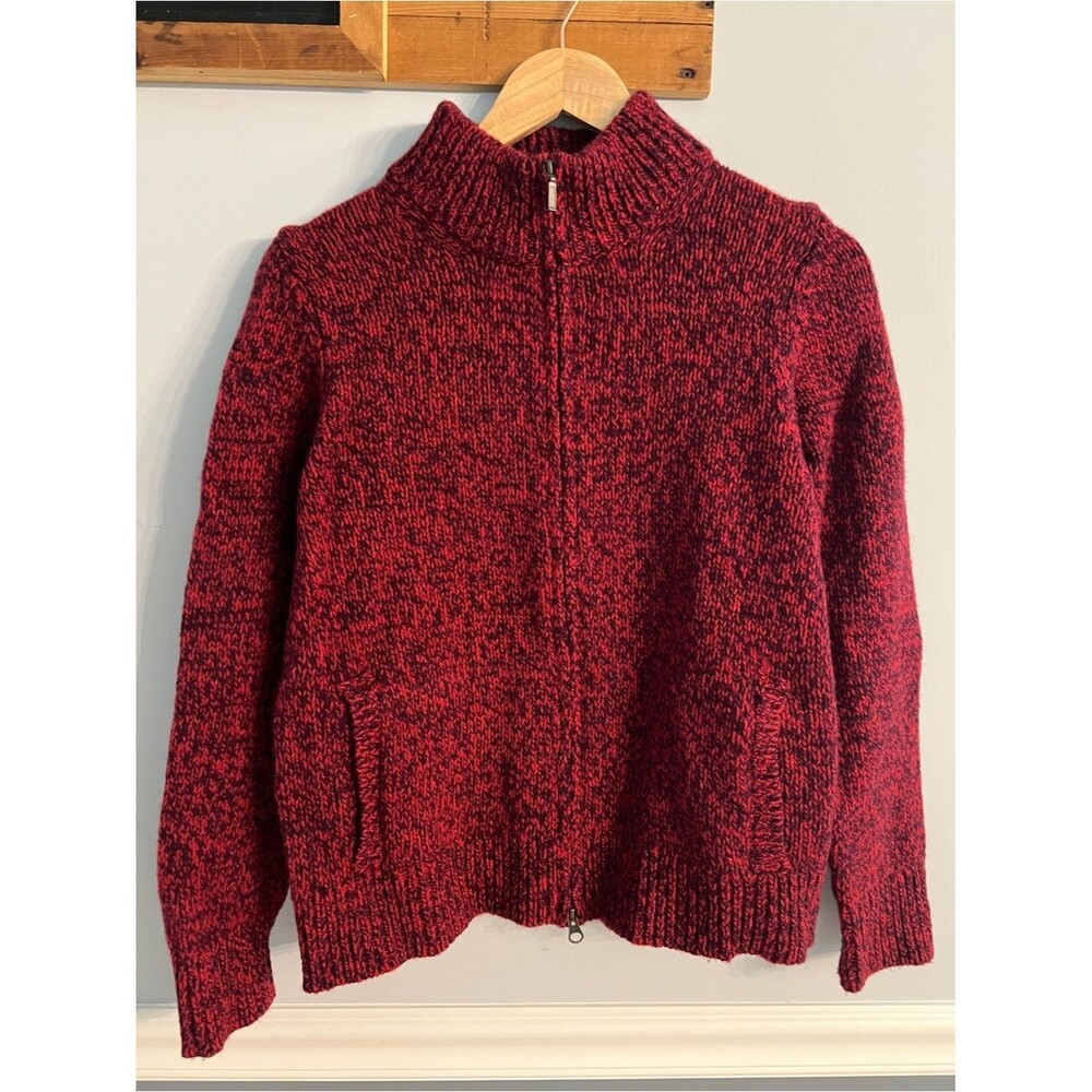 L.L.Bean 100% Lambswool Red & Black Marled Zip Sweater Jacket Women's Medium